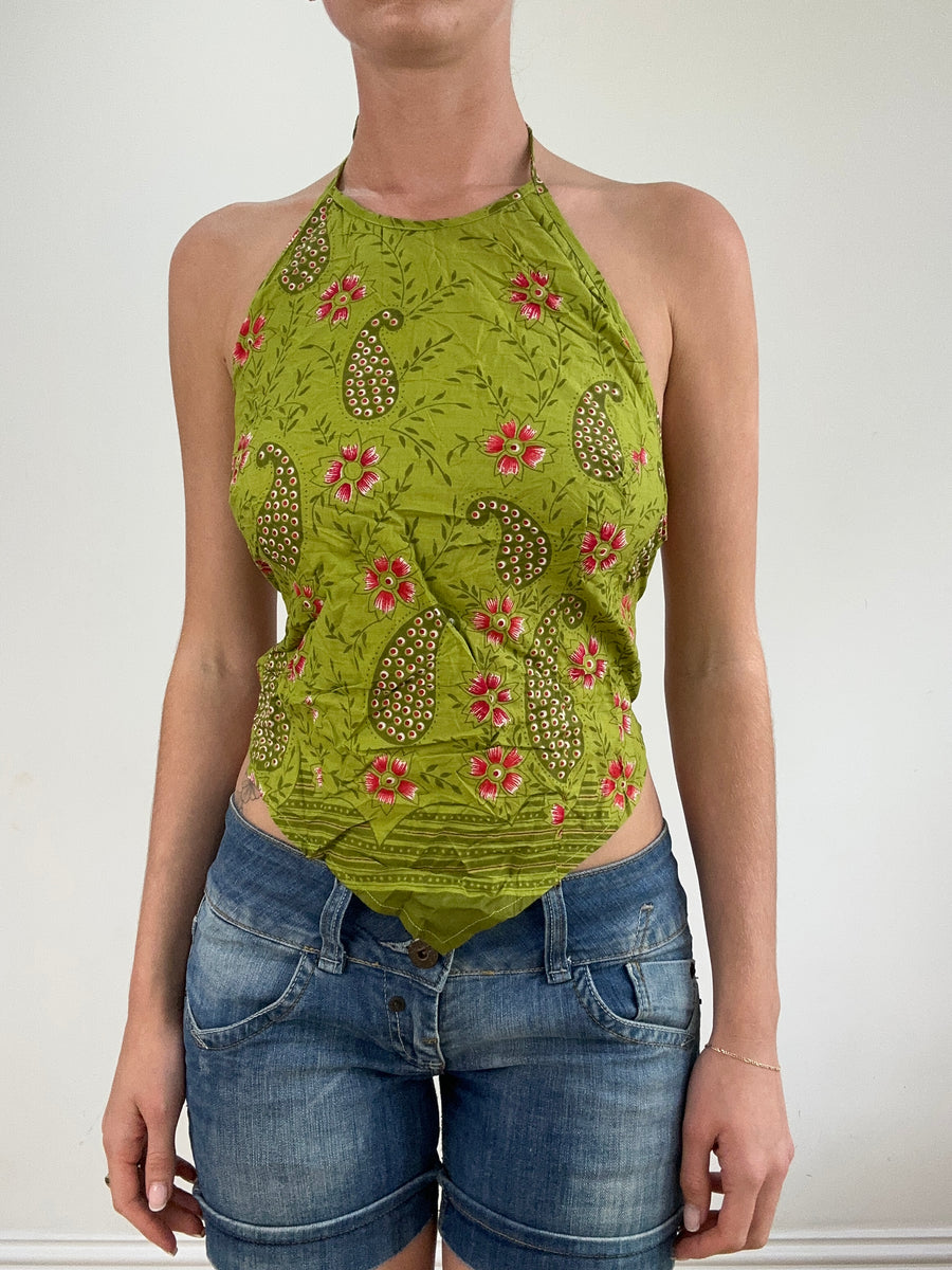 💻‼️ green paisley backless top