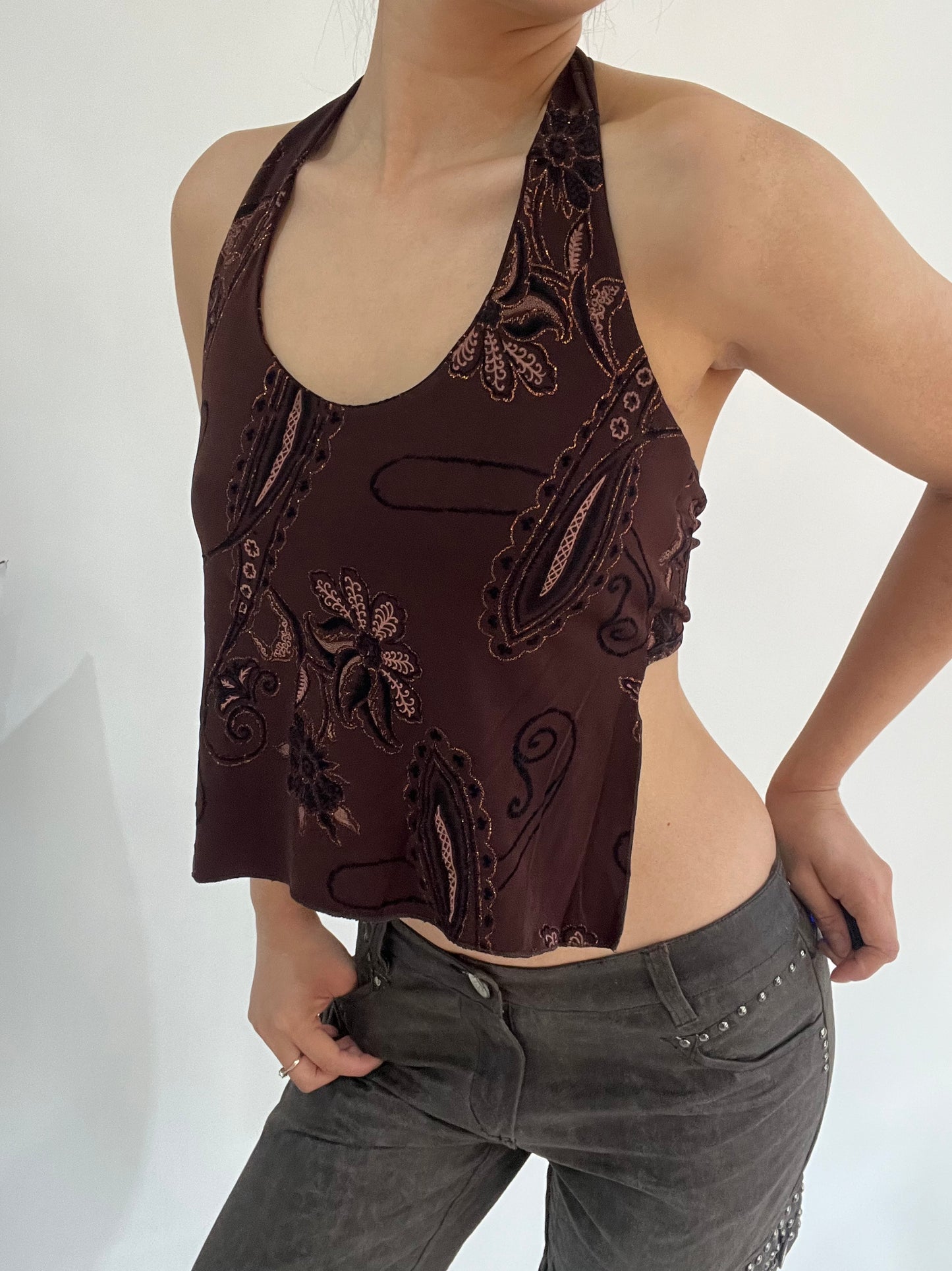 ‼️ | small brown halter neck top with flower detail