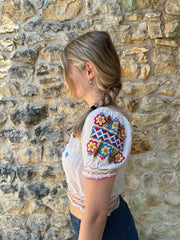 french summer drop | Pequeno branco de cor embroiderado vestido superior feminino