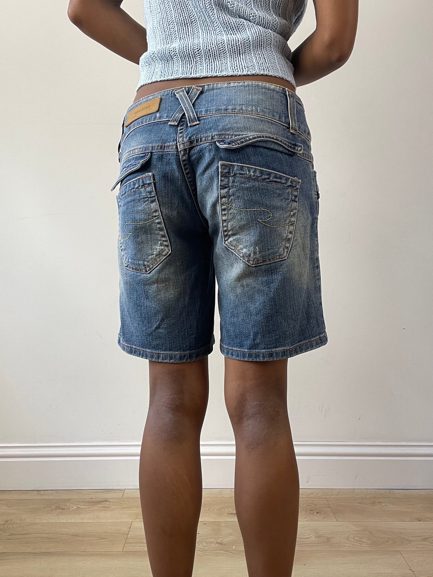vintage edit twenty-seven | medium blue denim belted shorts with zip details