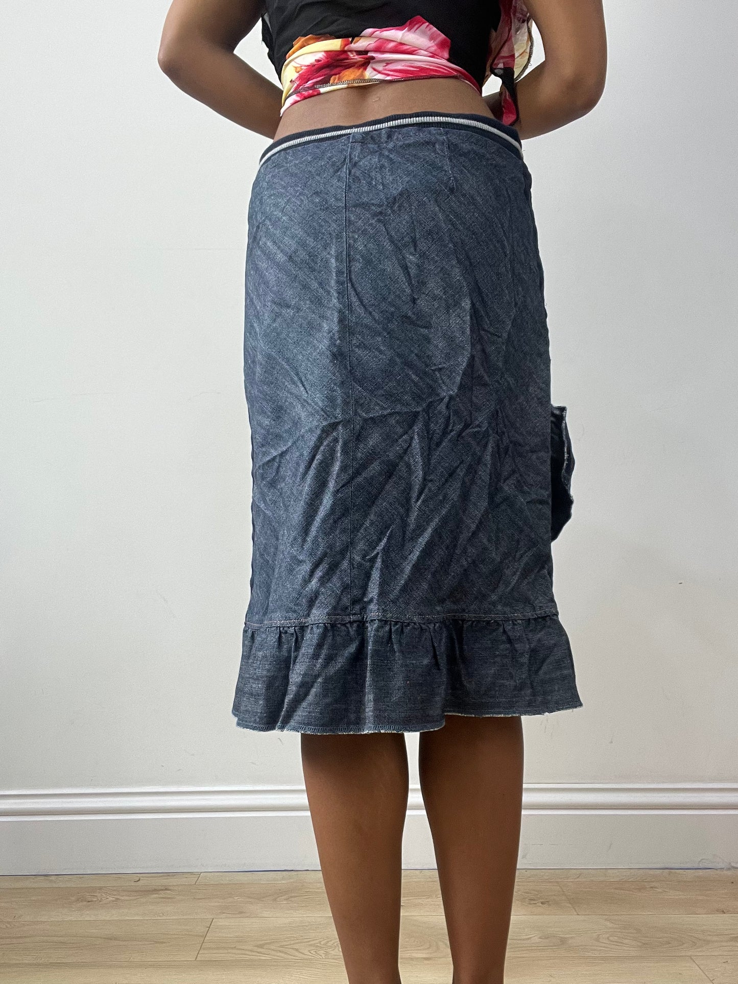vintage edit thirty-two | small blue sisley denim midi skirt with ruffle hem