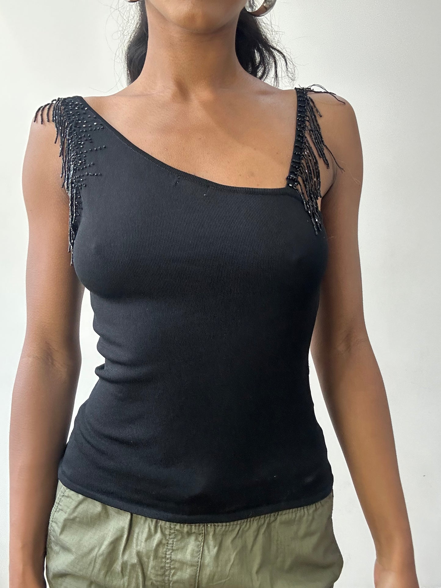 BEST PICKS | small black asymmetric top with beading detail