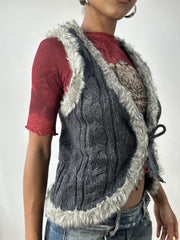 vintage edit thirty-two | small grey knit tie up gilet with faux fur detail