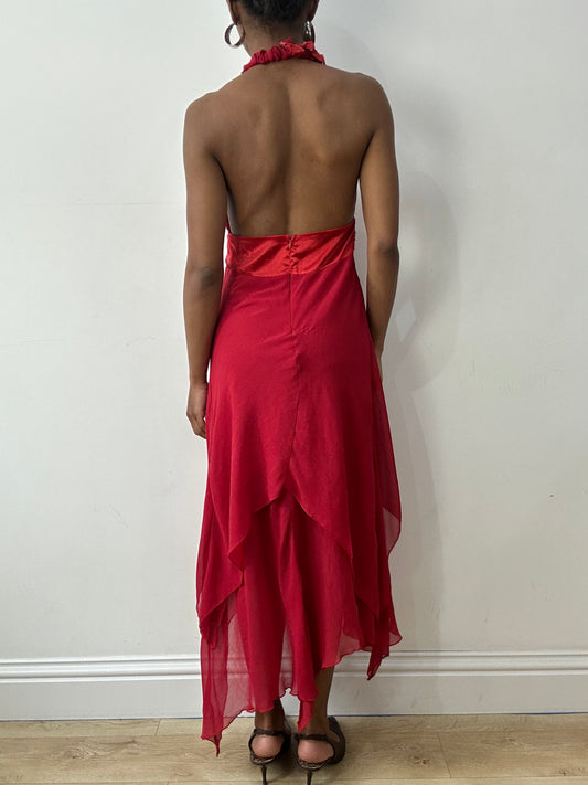 midsummer edit | small red halterneck maxi dress with beaded waist detail
