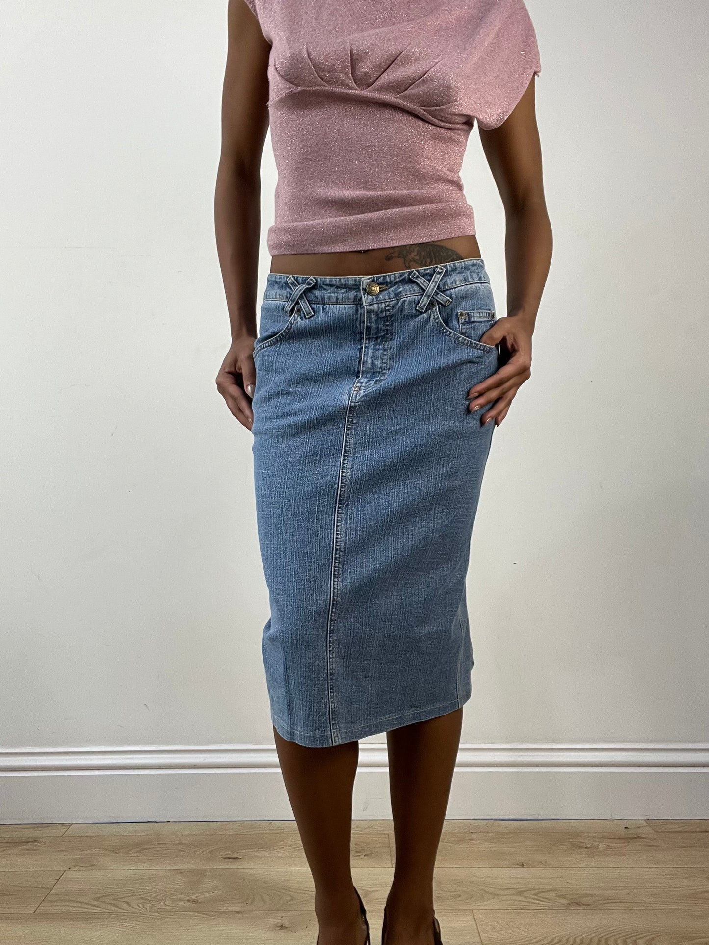 BEST PICKS | small light blue denim midi skirt with pleated back detail