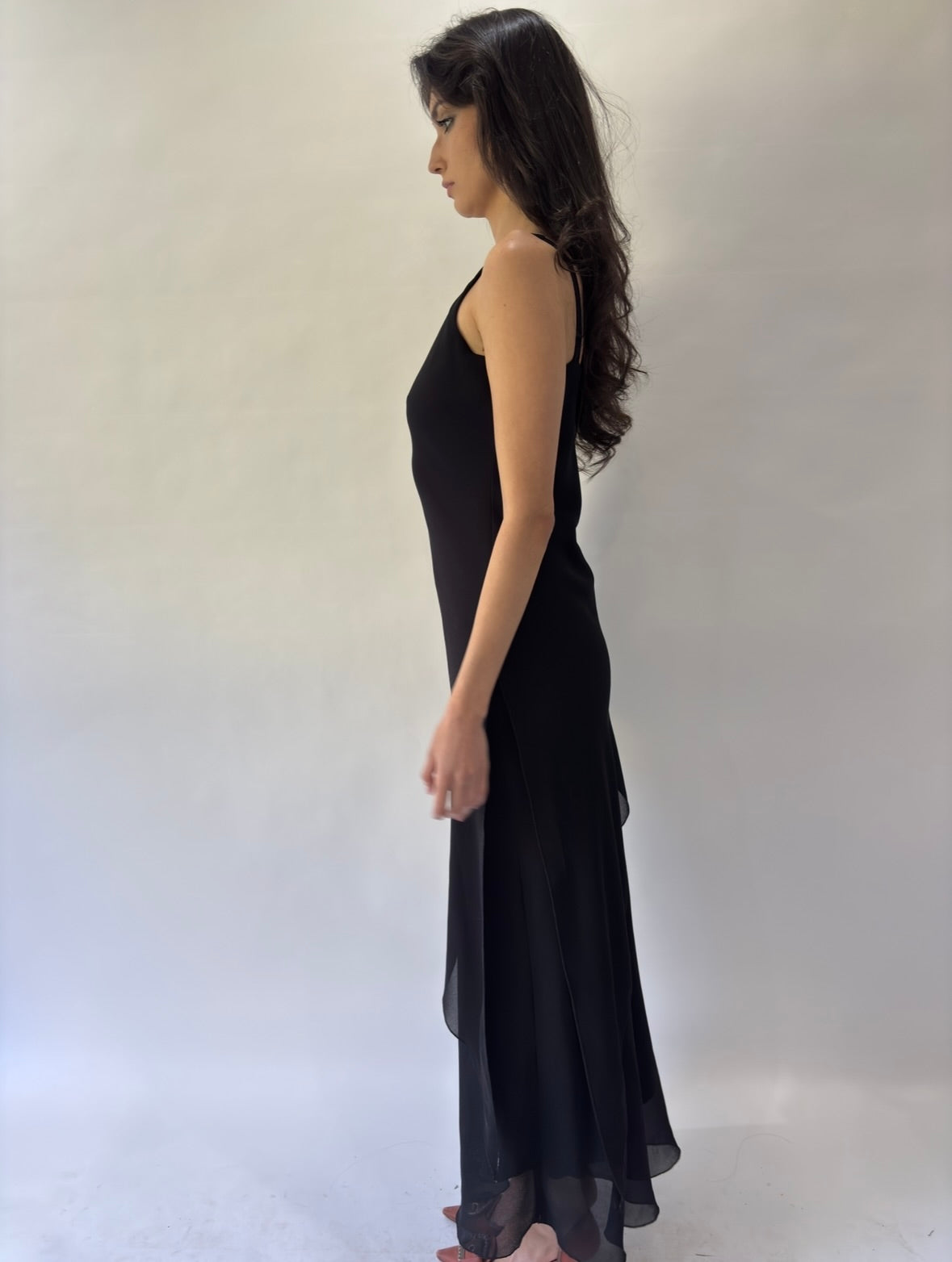 devil wears prada | small black mesh overlay flowy maxi dress