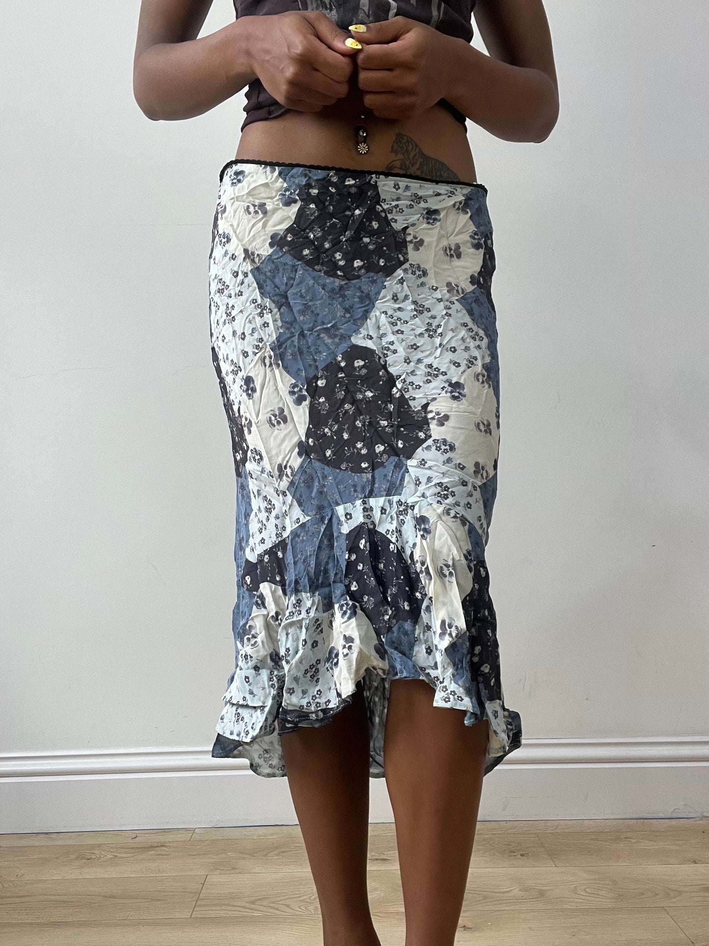 vintage edit thirty-two | medium blue asymmetric midi skirt with paisley print