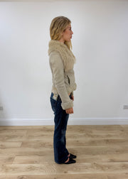 extra small cream suede zip up jacket with faux fur trim