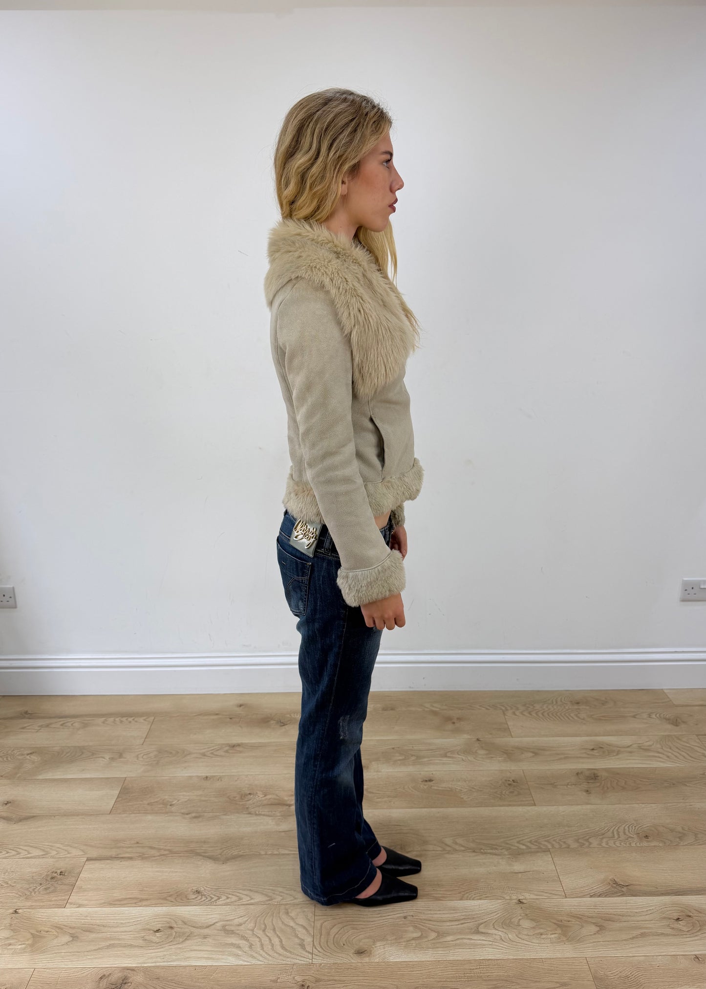 extra small cream suede zip up jacket with faux fur trim