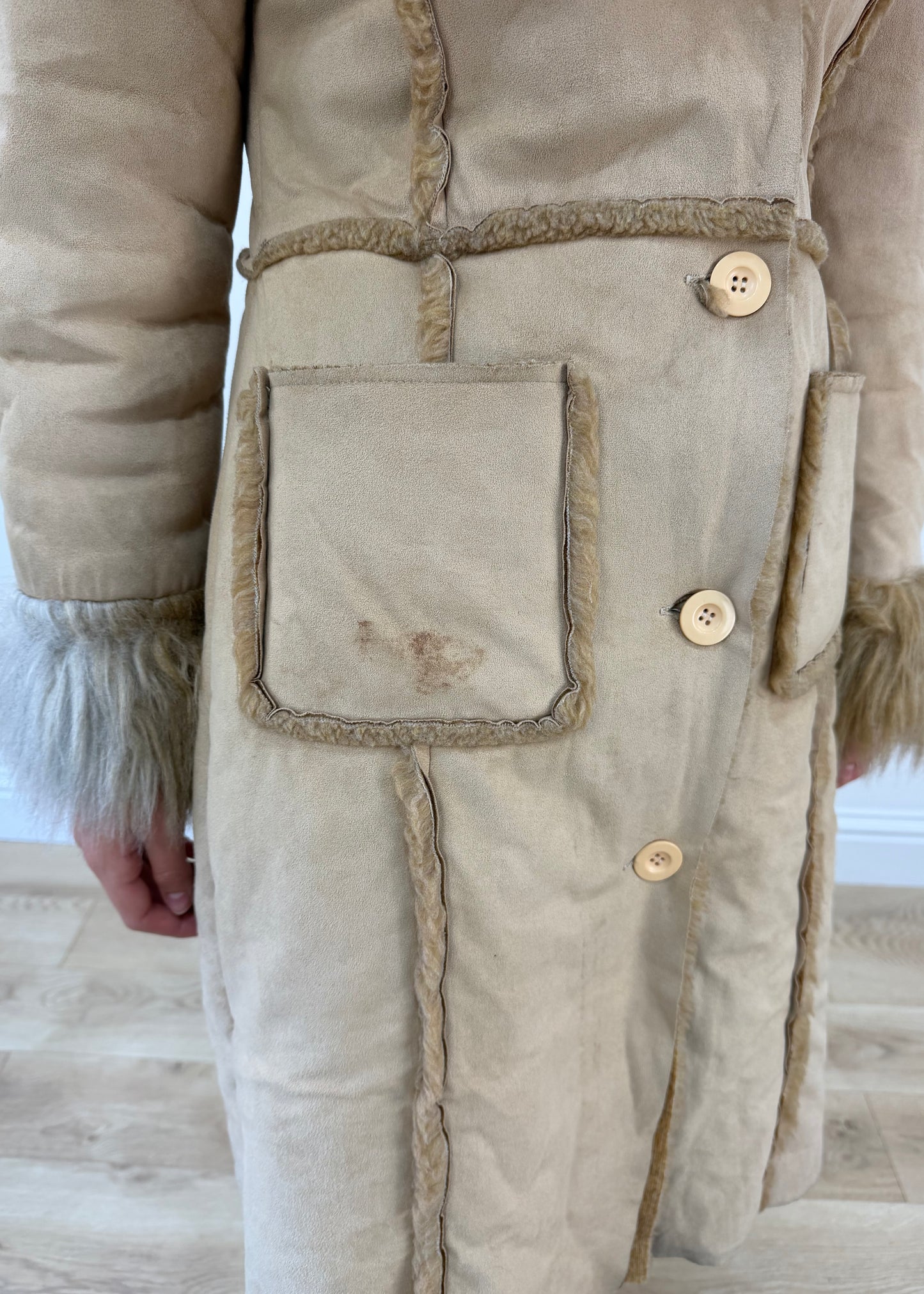 medium cream suede afghan coat with faux fur trim