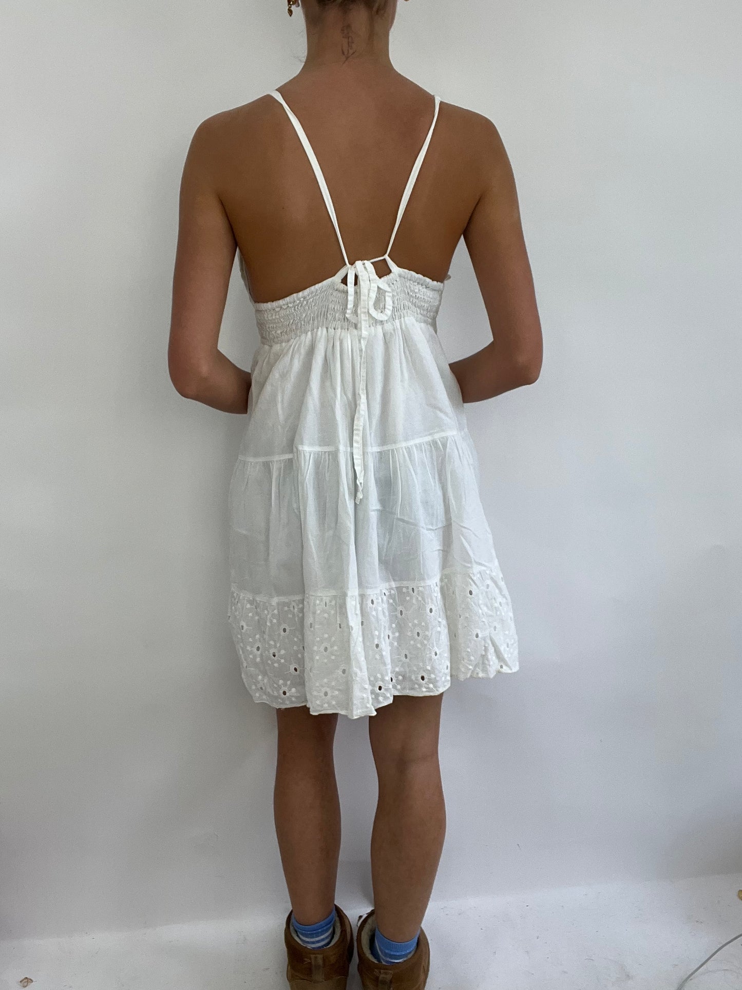 💻 COACHELLA DROP | small white broderie tiered dress with synched waist