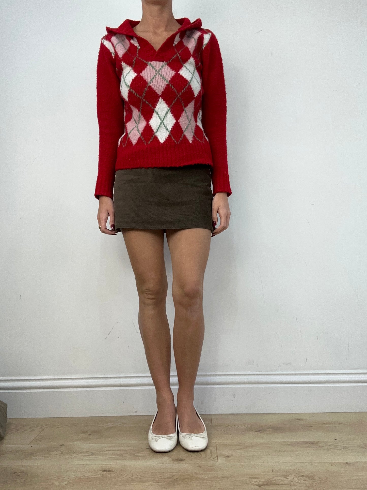 vintage edit twelve | small red pink and white argyle print hooded jumper