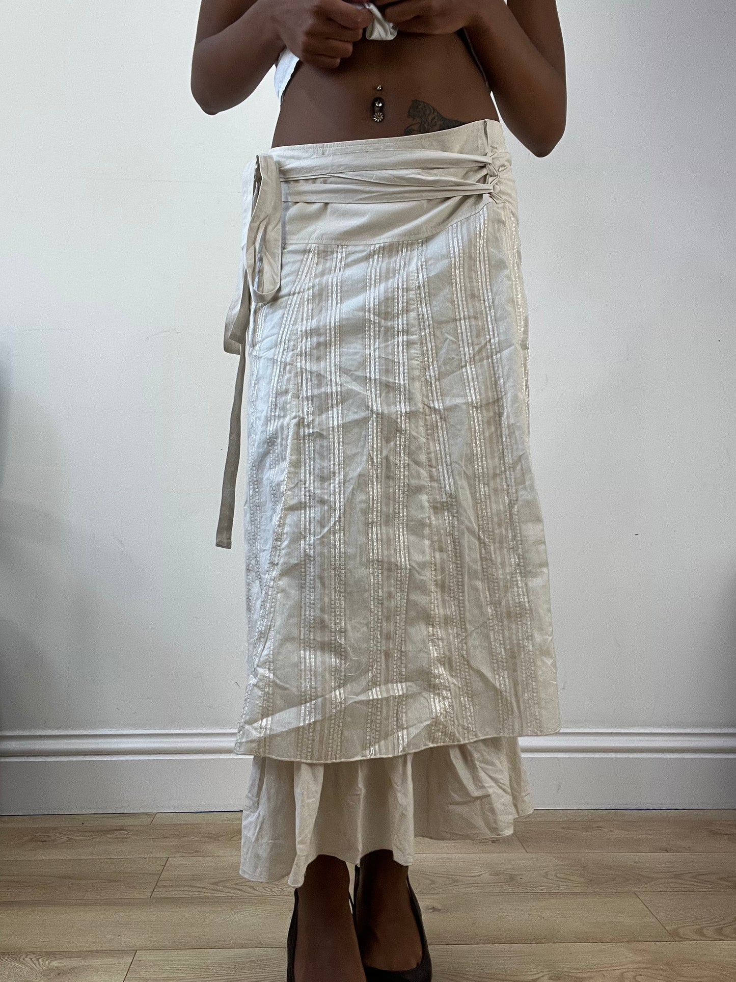 AUTUMN EDIT | medium cream tiered midi skirt with pinstripes