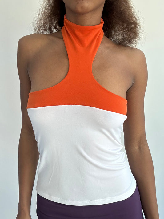 💻‼️ | small white and orange high neck top  white panel detail