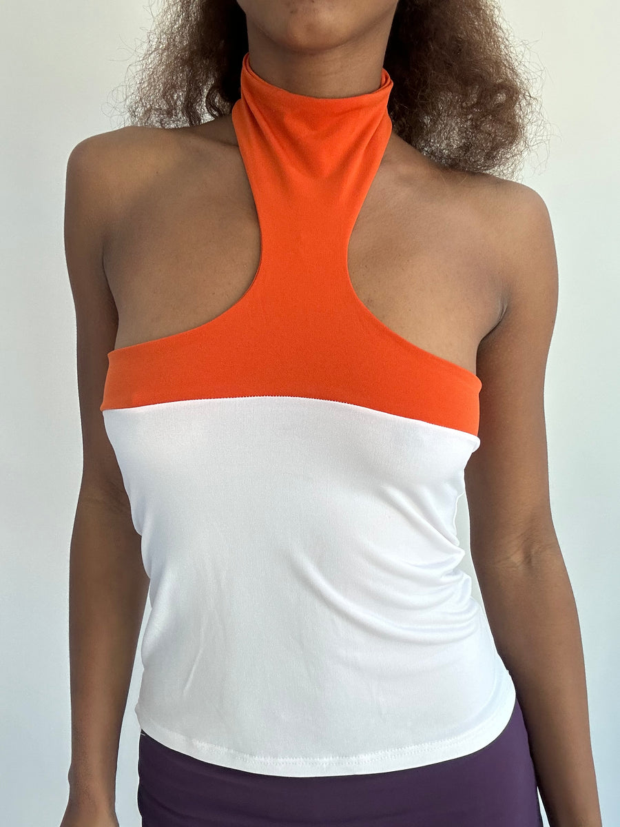 💻‼️ | small white and orange high neck top  white panel detail