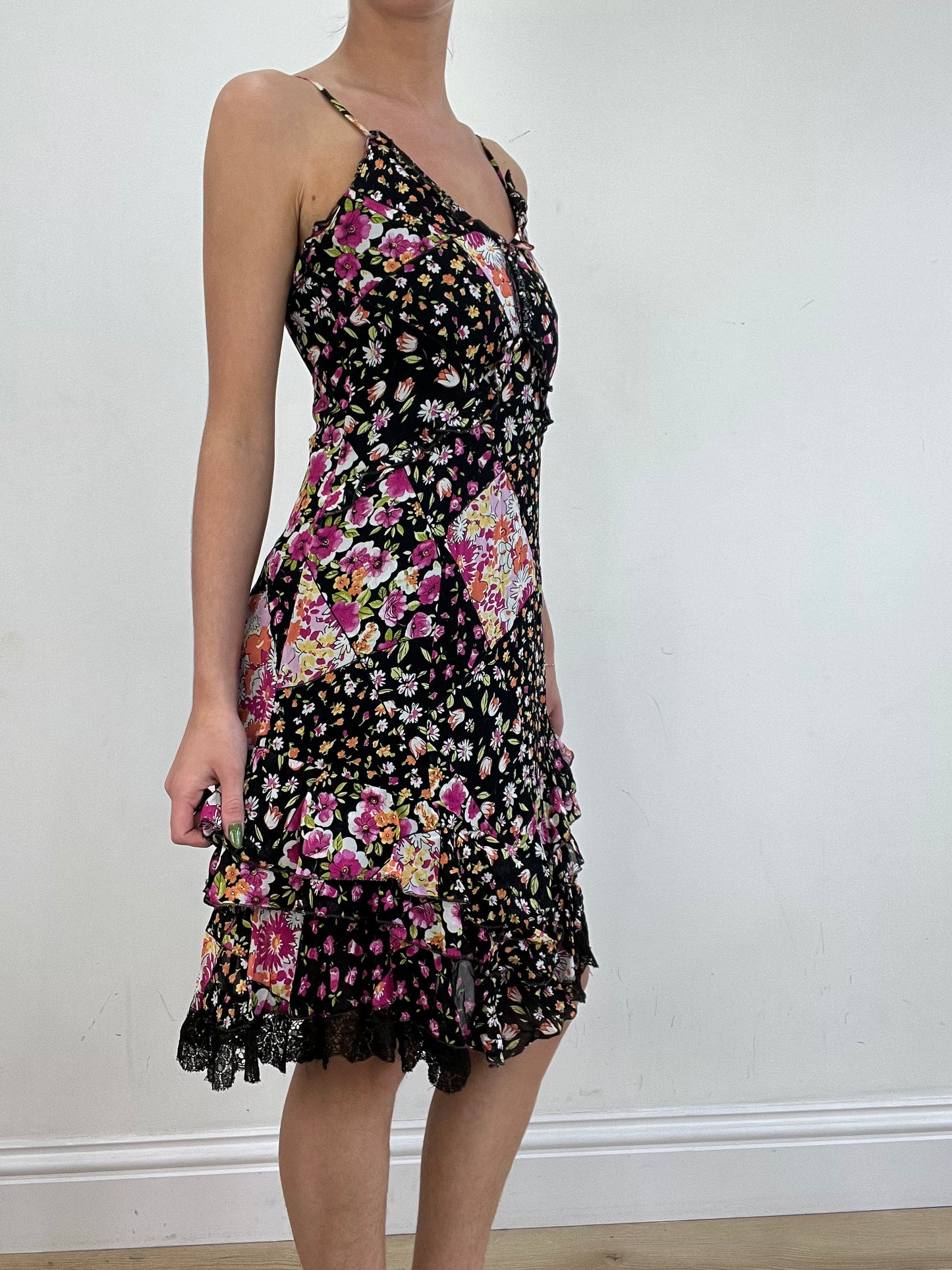 vintage edit nineteen | small black and pink floral ruffle dress