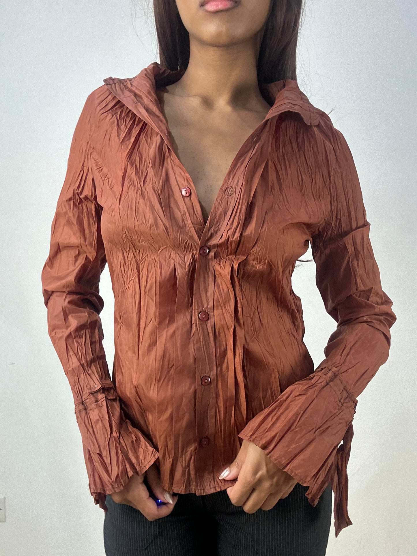 💻‼️ brown crinkle cargo shirt with tie up sleeve detail