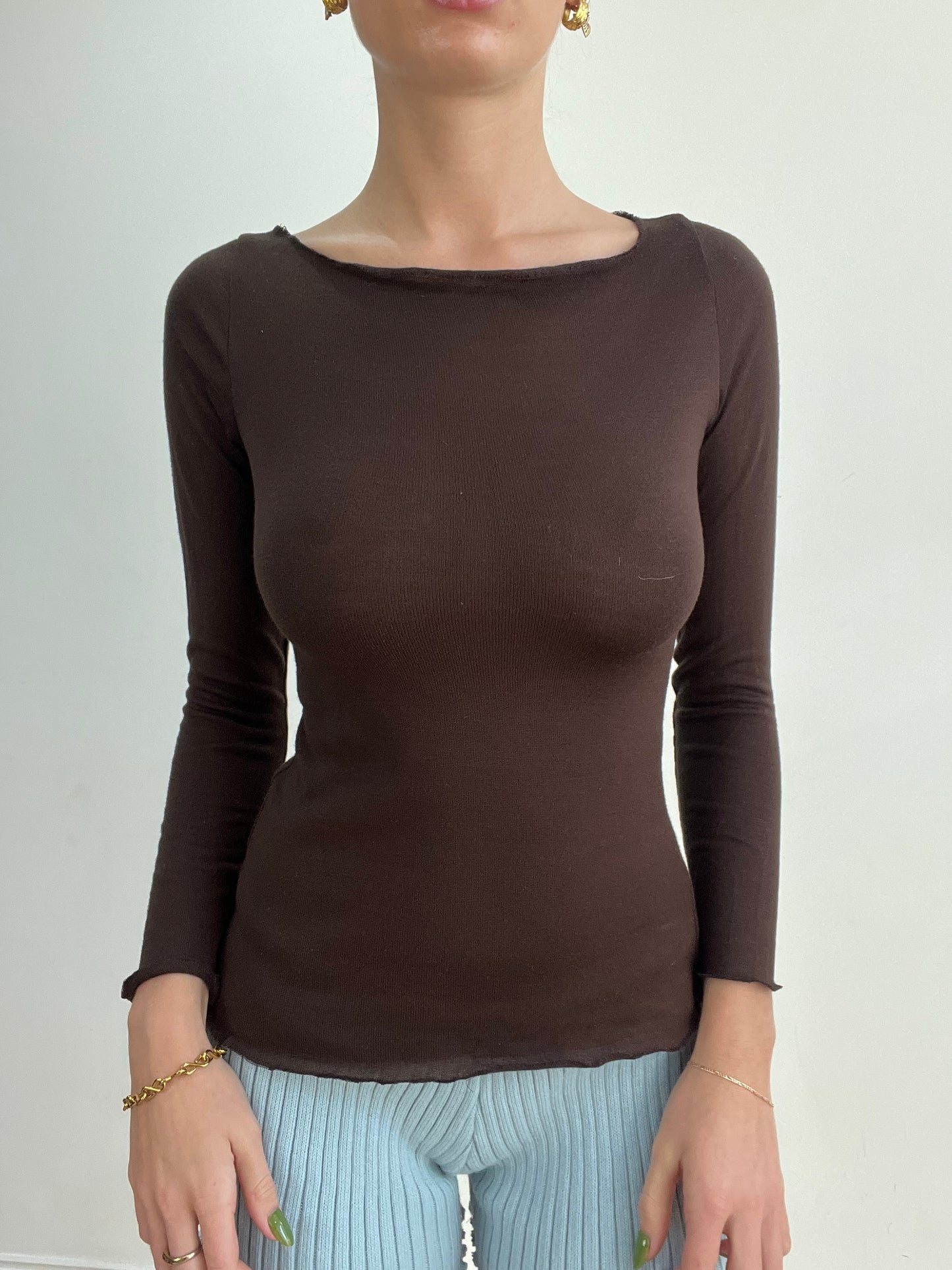 #393 SAMPLE SALE | xs brown boat neck long sleeve top