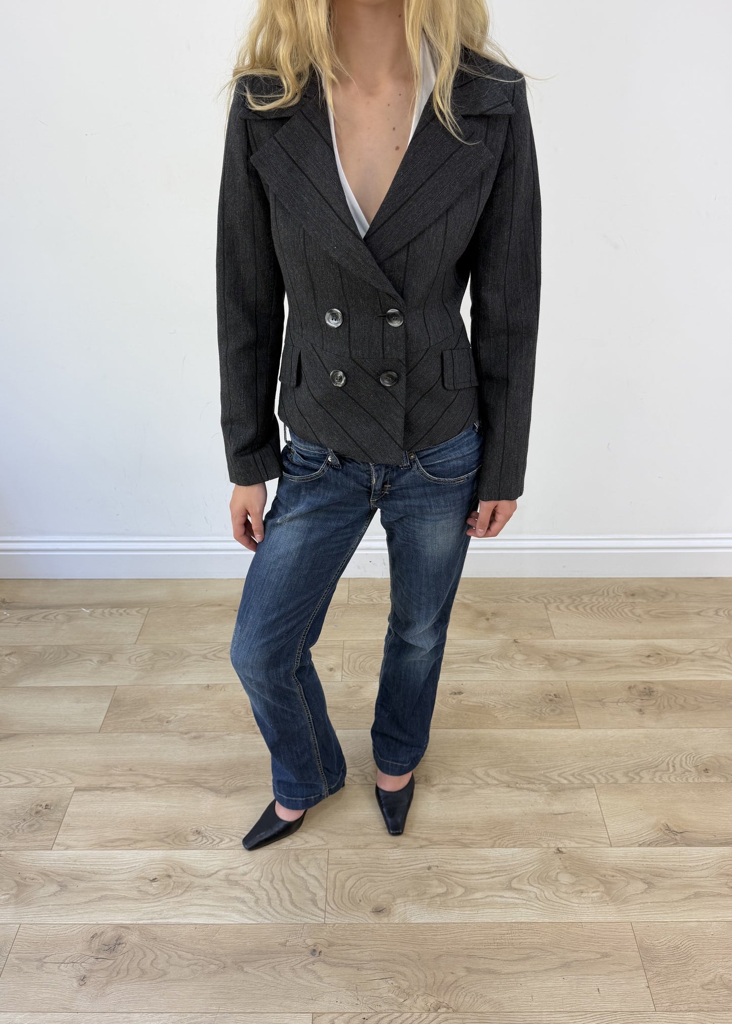 small pinstripe grey pea jacket