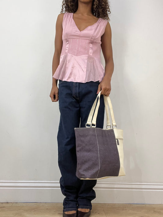 vintage edit thirty-four | white faux leather and denim shoulder bag