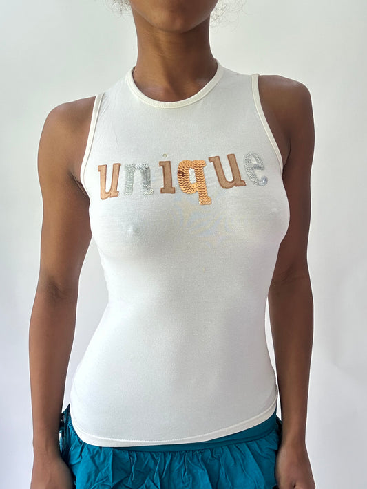olivia rodrigo drop | extra small white ‘unique’ graphic tank top