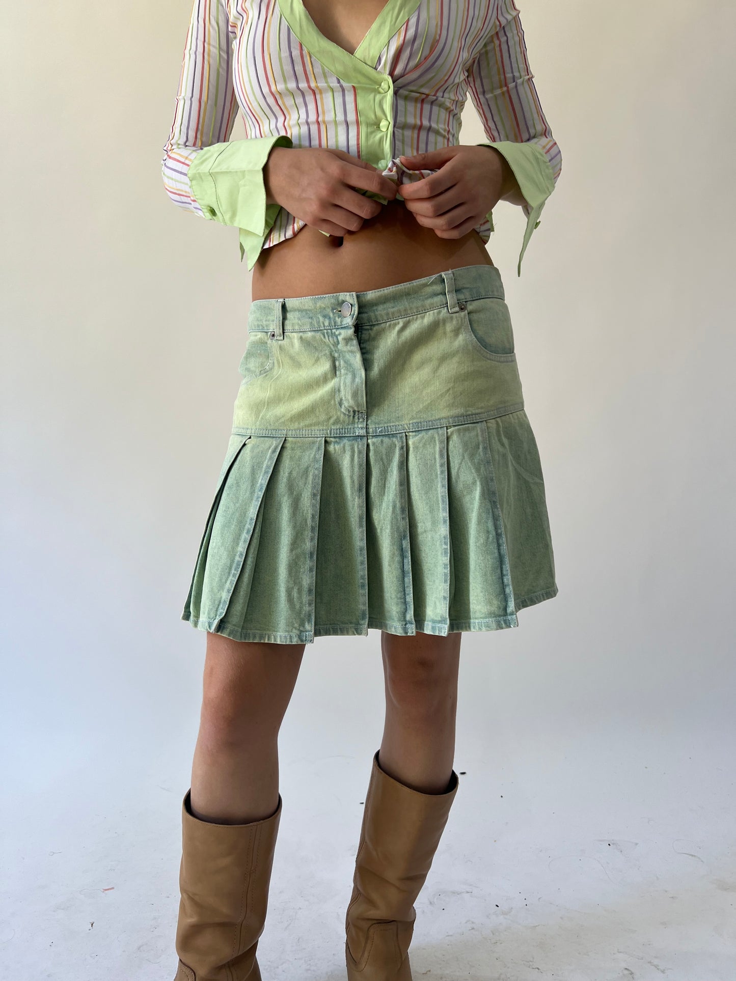 back to school drop | medium green/blue denim midi skirt