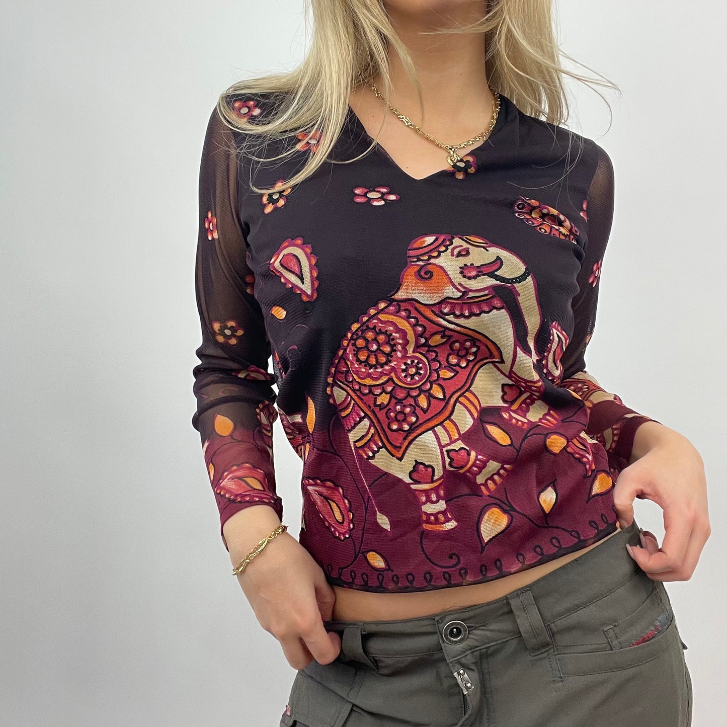💚 BEST PICKS | small brown patterned mesh long sleeve top