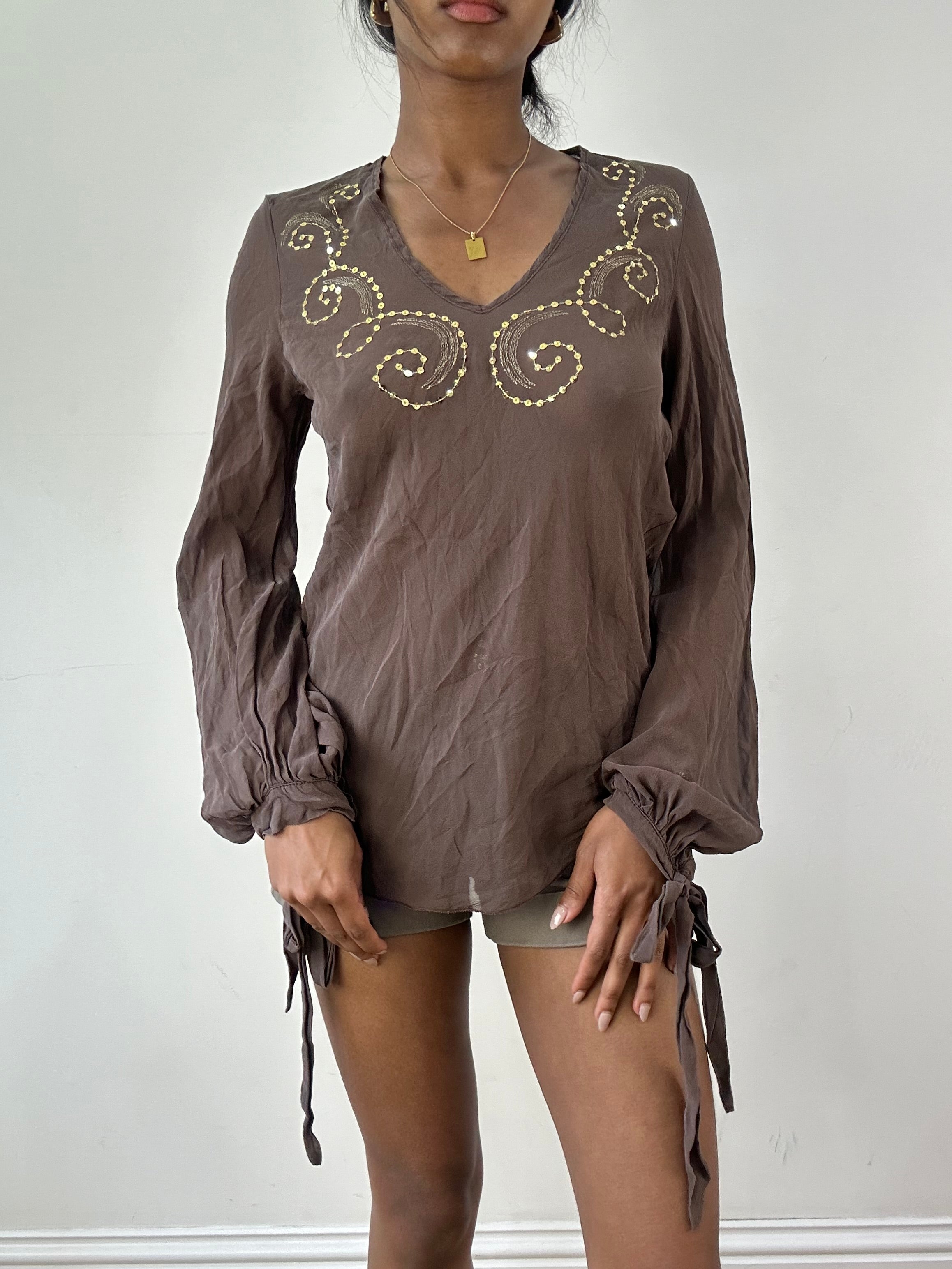 vintage edit twenty-one | small brown sheer sequin long sleeve top – remass