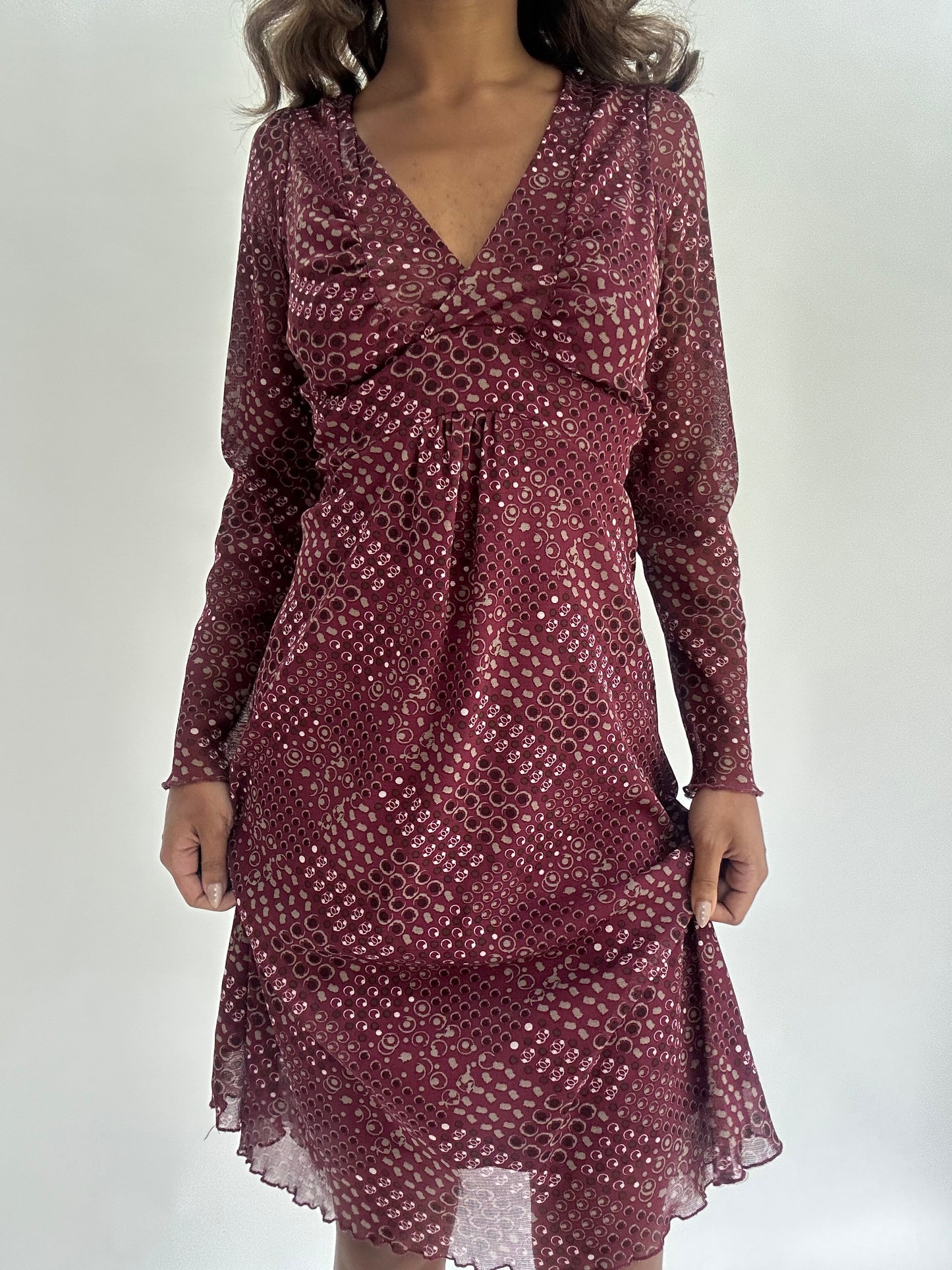 wedding guest drop | medium burgundy patterned midi dress