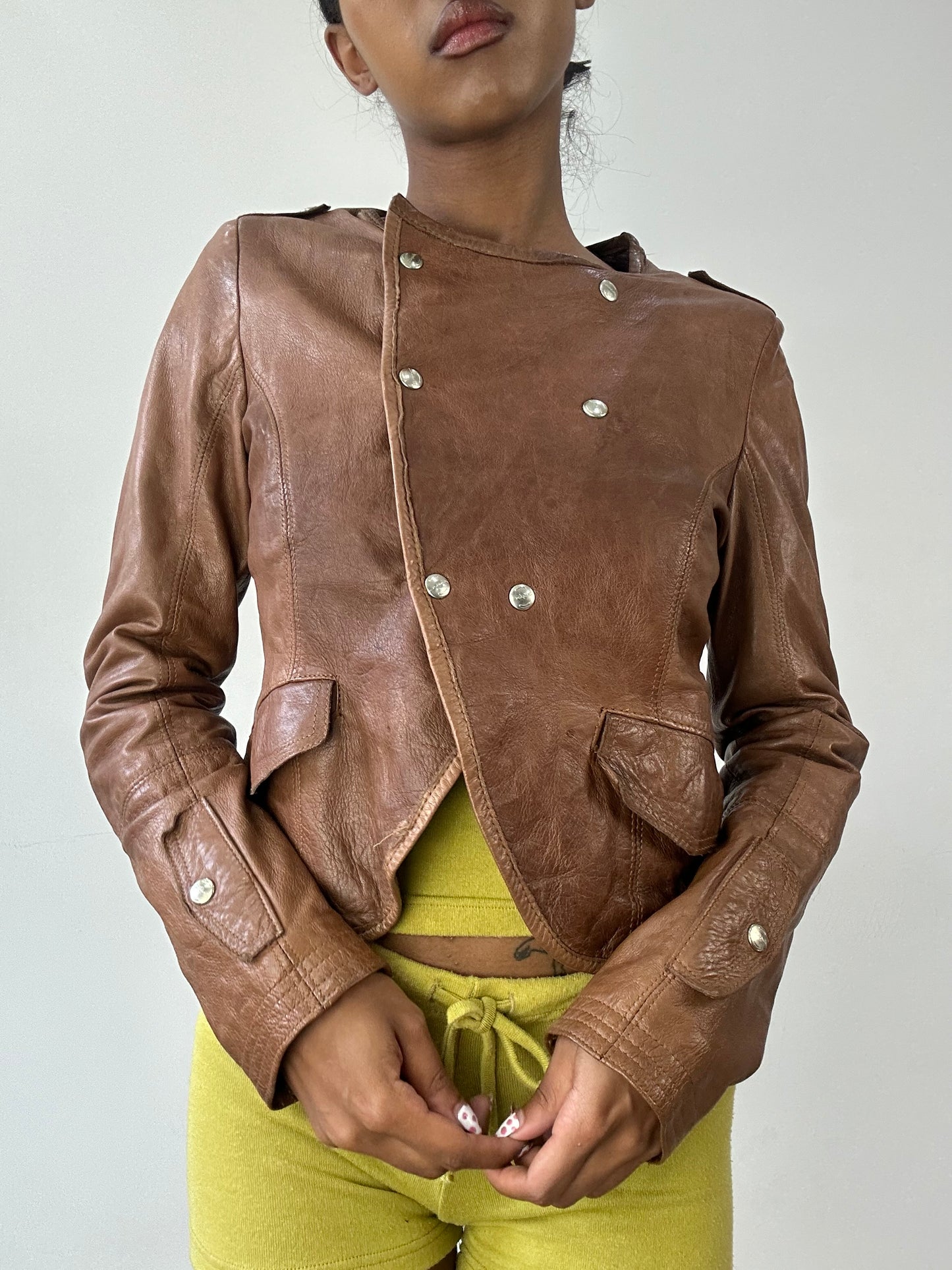 vintage edit twenty-nine | small brown leather jacket with gold button detail