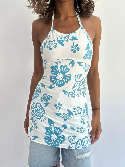 beach drop | small white halterneck floral long top