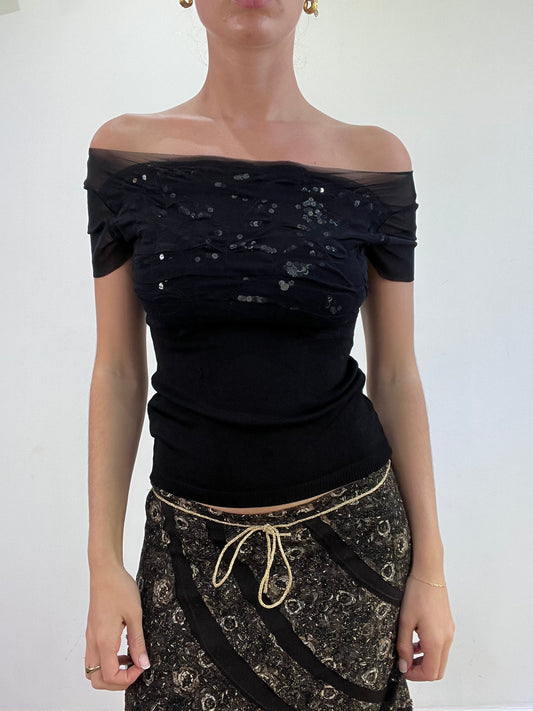 vintage edit: wedding guest | small black off the shoulder top with sequin detail