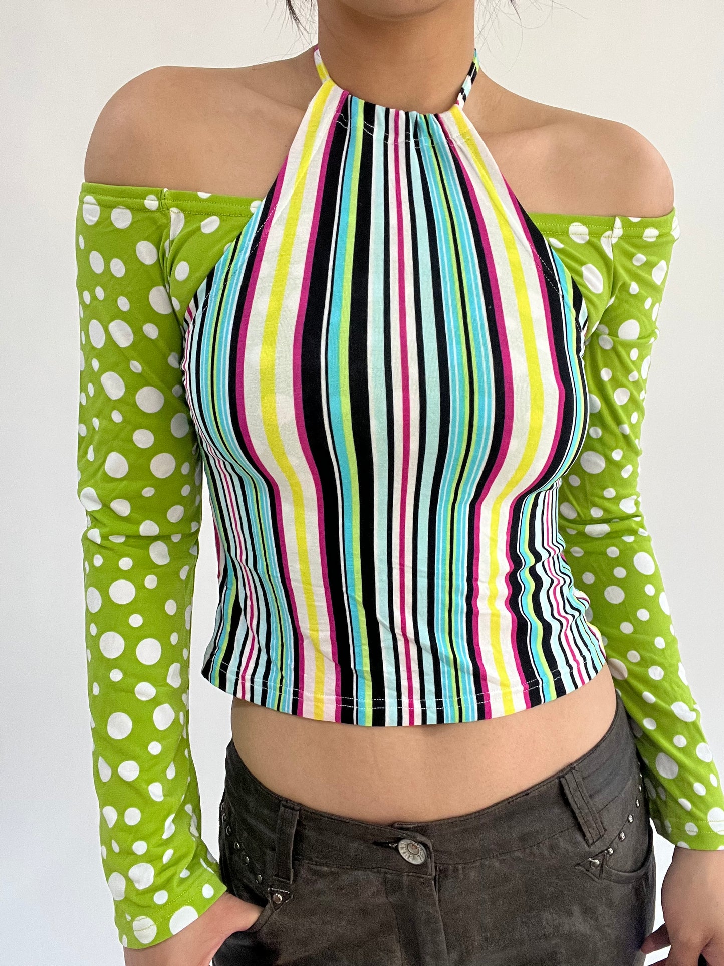 ‼️ | small green polka dot striped long sleeve top