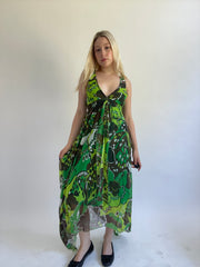 Y2K| medium green patterned maxi dress