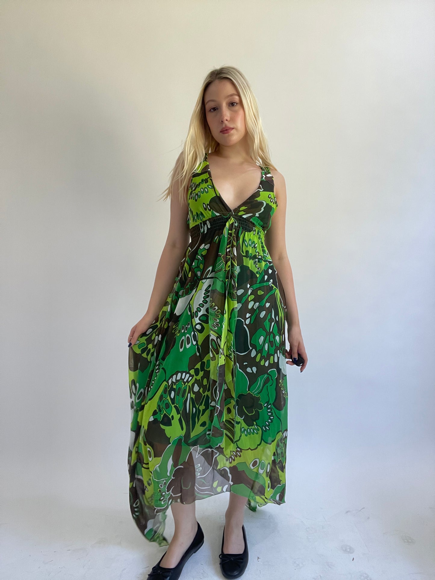 Y2K| medium green patterned maxi dress
