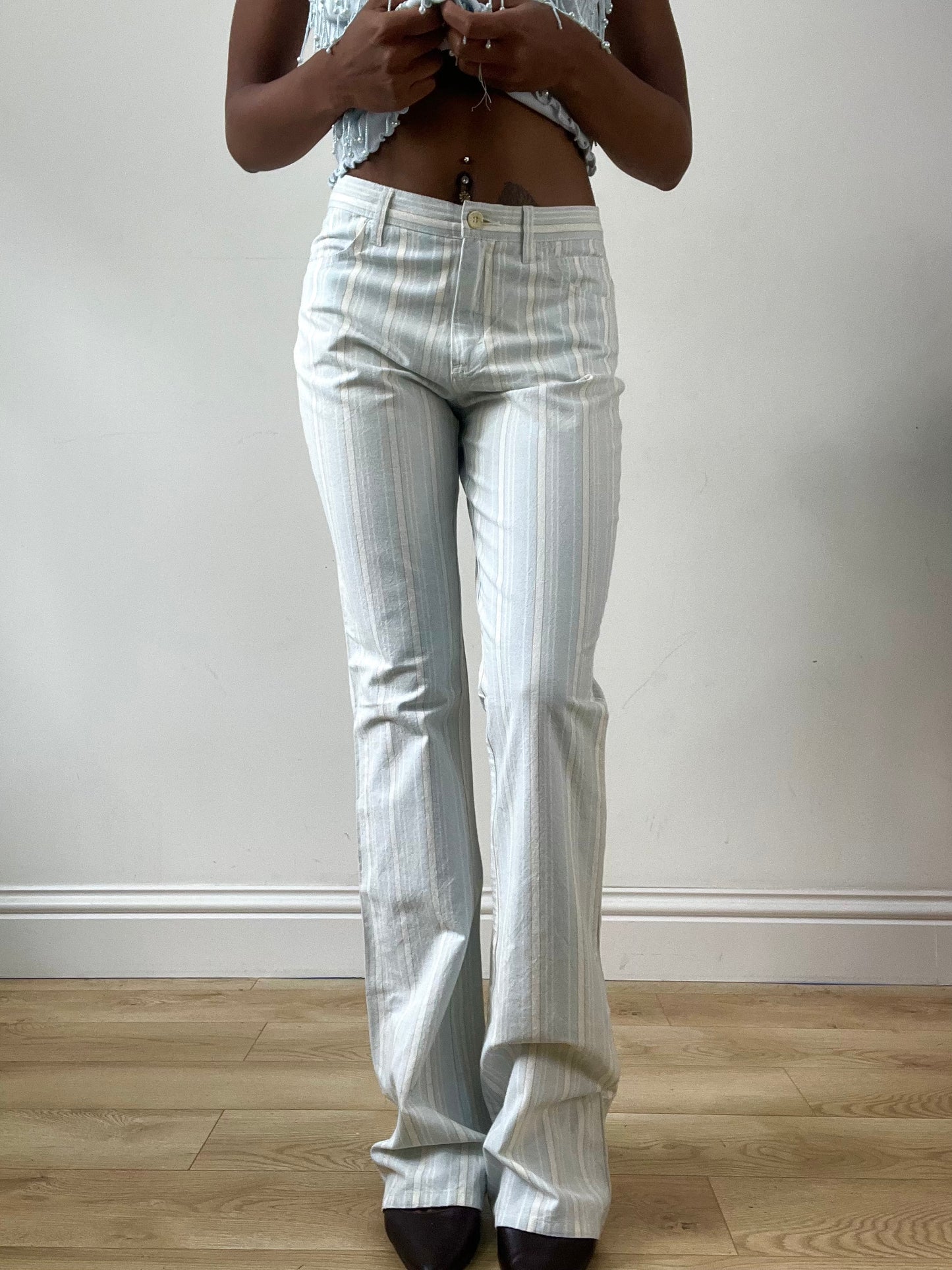 LFW edit | small white and blue straight leg trousers with pinstripe print