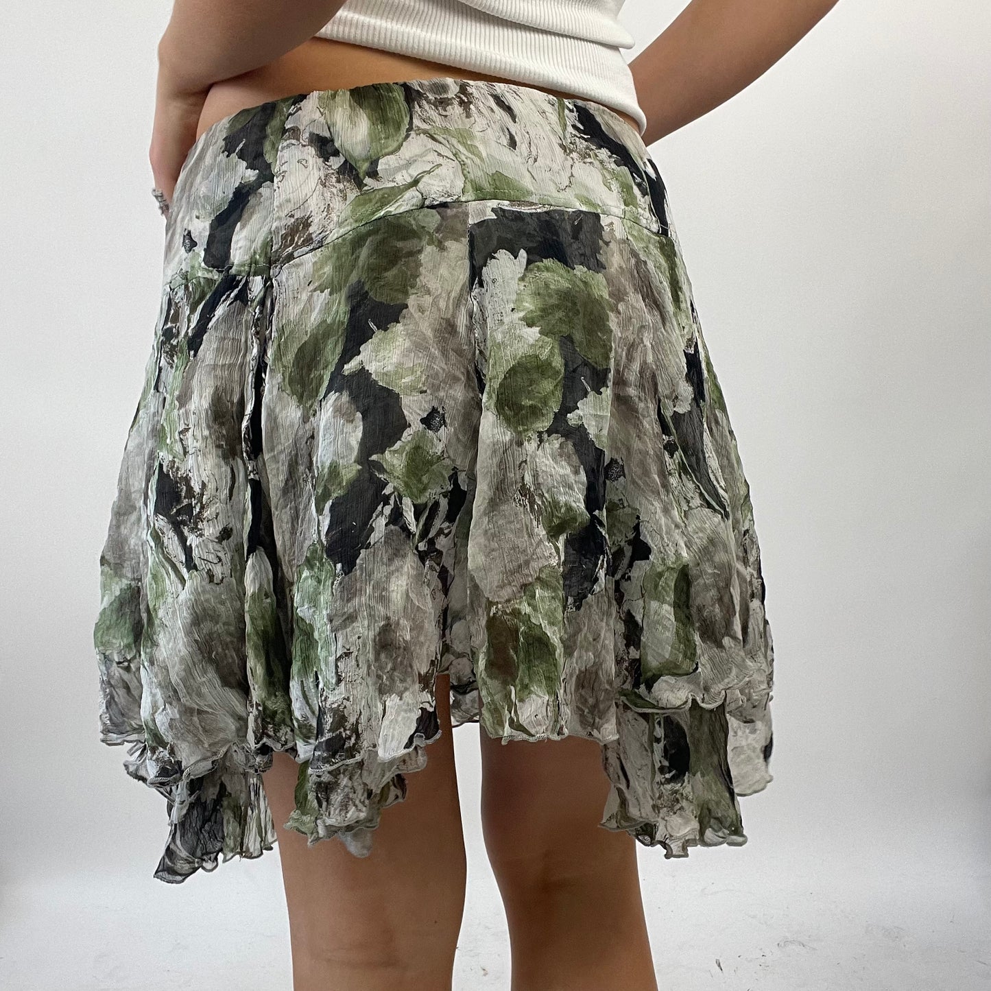 FUTURECORE DROP | small grey/green floral mesh asymmetric skirt