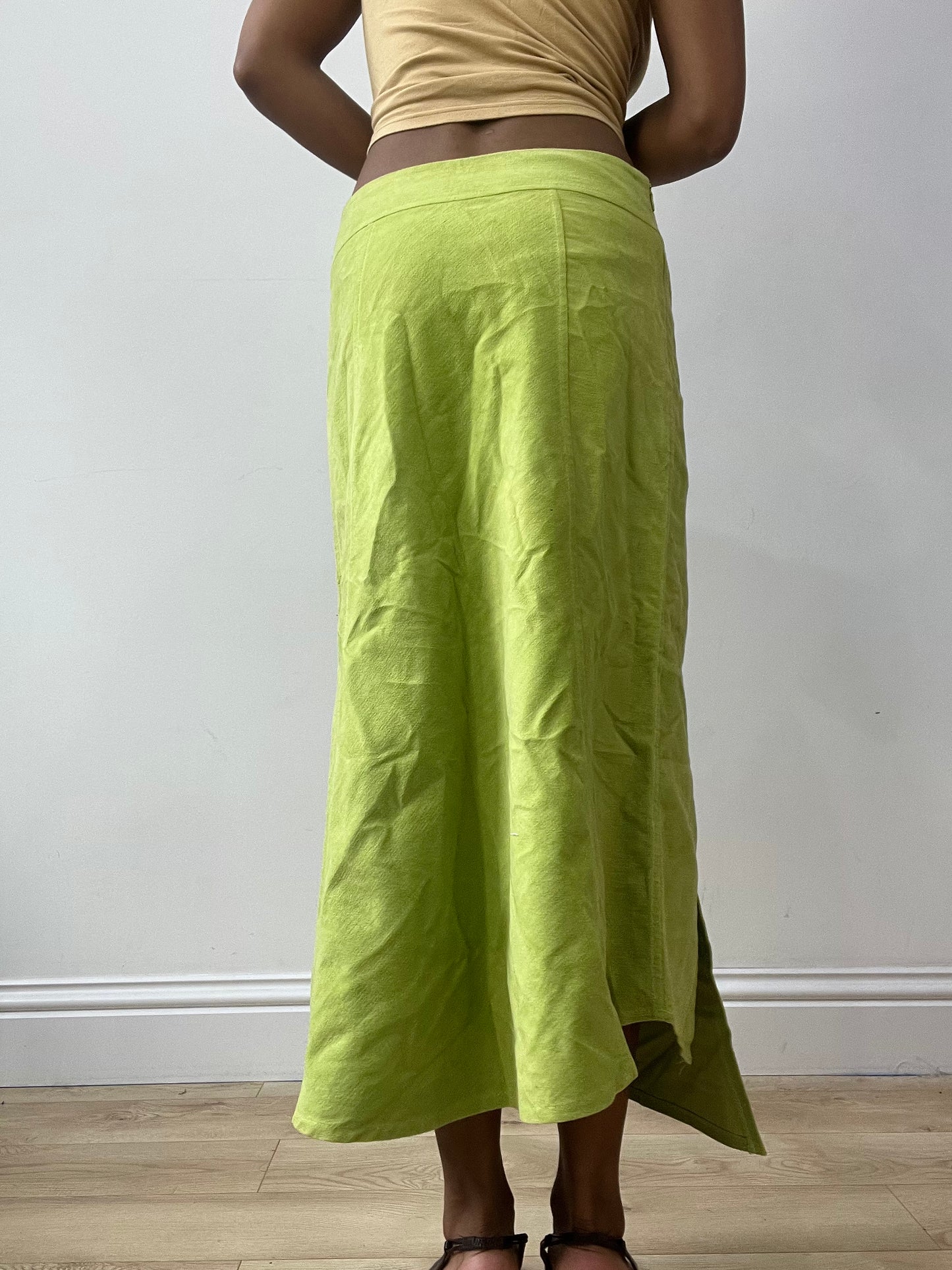 vintage edit thirty-two | small lime green suede style maxi skirt
