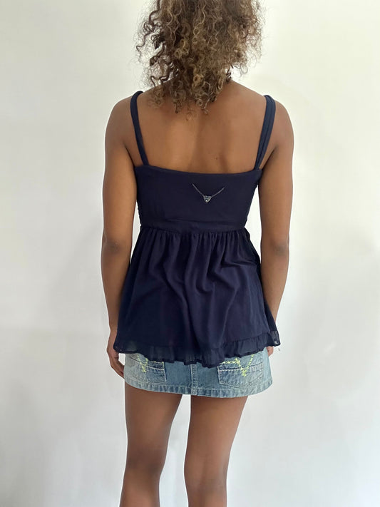 wag drop | small navy blue ruffle cami top