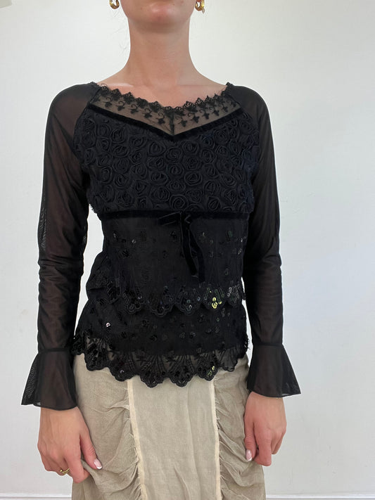 vintage edit: wedding guest | small black long sleeve top with sequin detail
