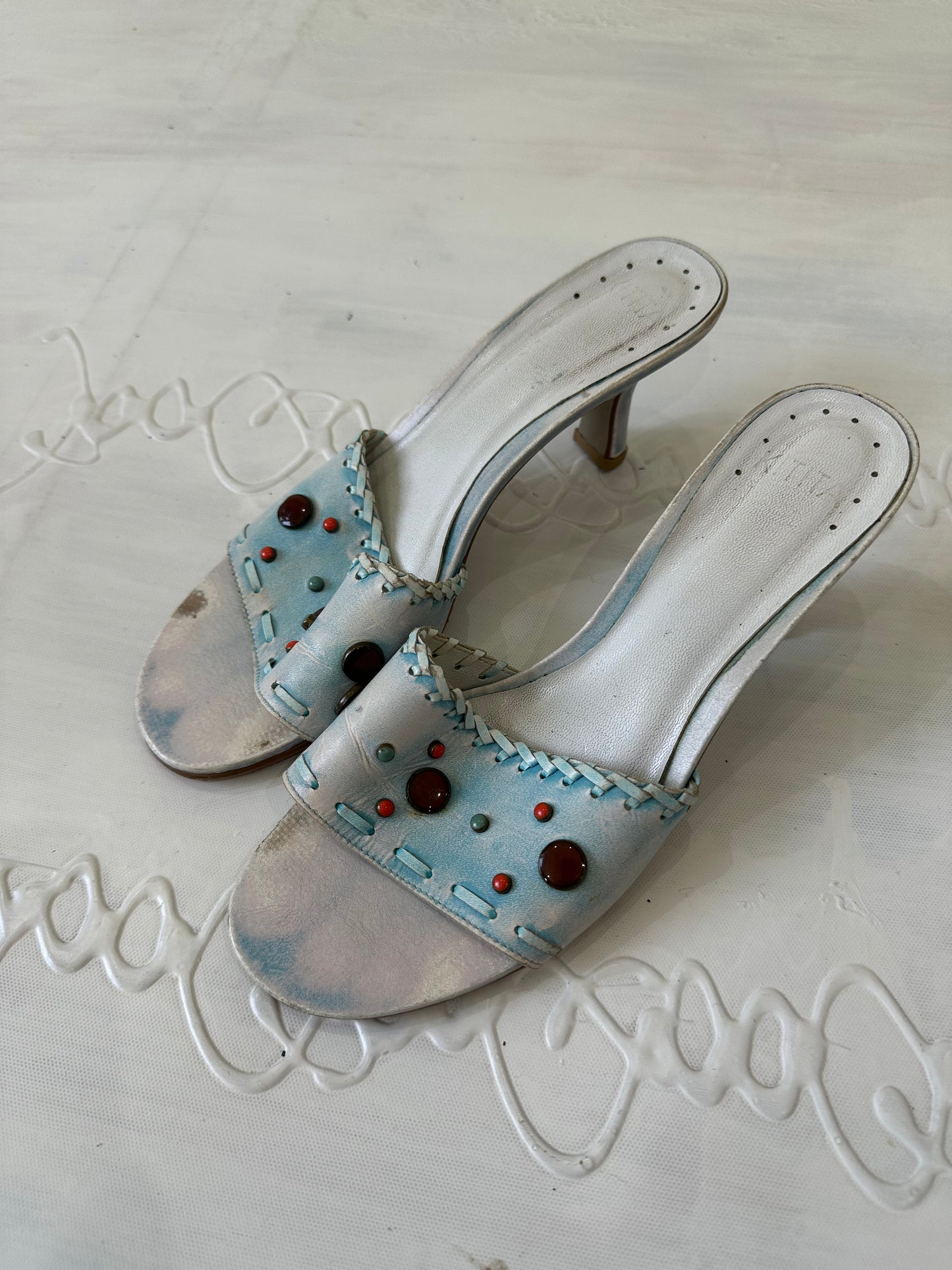 ⭐️ festival drop | UK6 blue rhinestone beaded kitten heeled mules