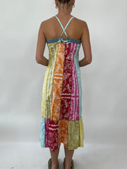 PALM BEACH DROP | small multicoloured paisley maxi dress with denim panel detail
