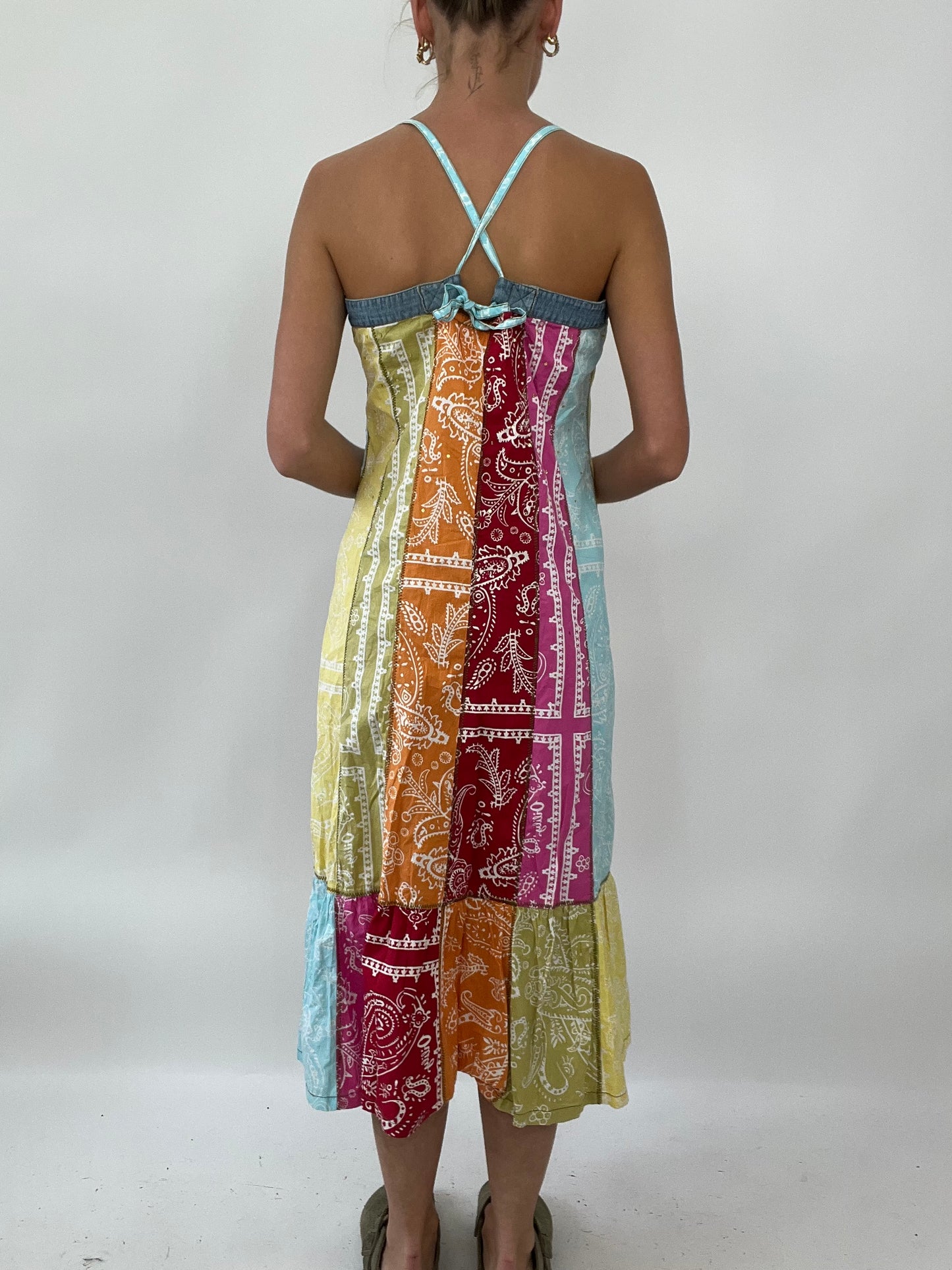 PALM BEACH DROP | small multicoloured paisley maxi dress with denim panel detail