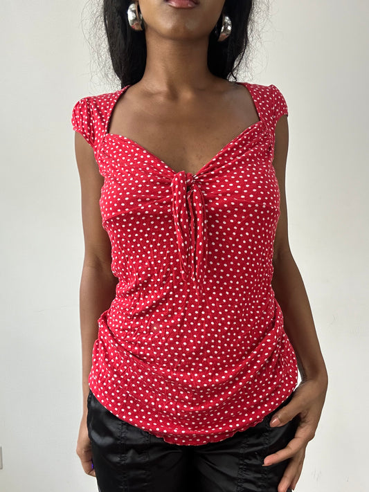vintage edit twenty-five | medium red and white miss sixty polka dot top with tie up detail
