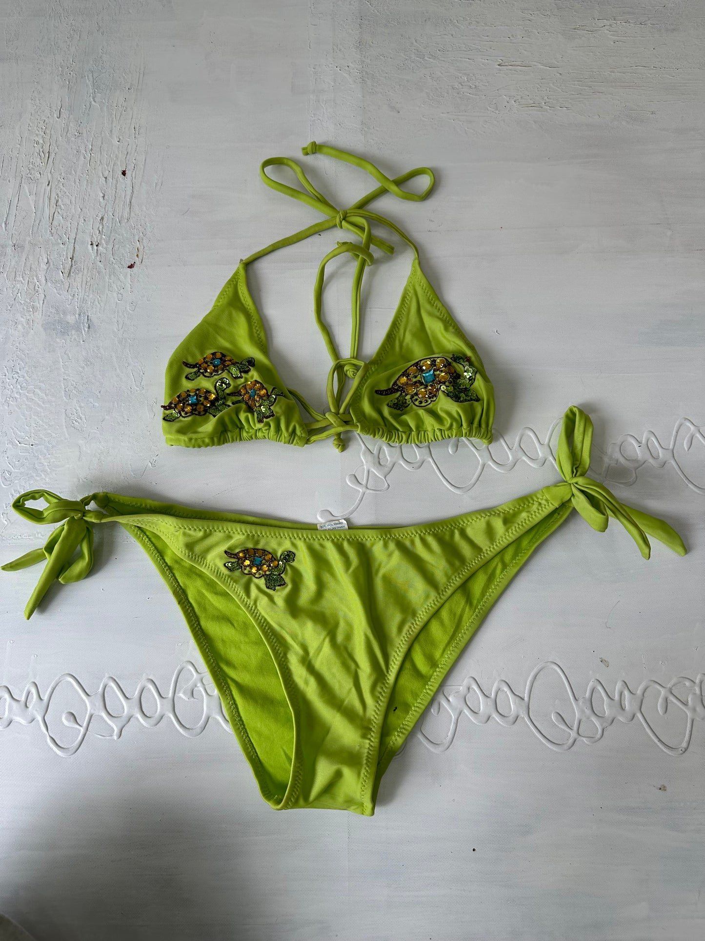 vintage edit twenty-seven | medium green turtle bikini set with beading and sequins