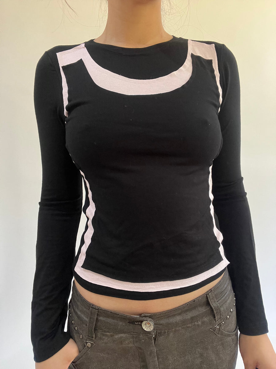 ‼️ | small black long sleeve top with black vest overlay detail