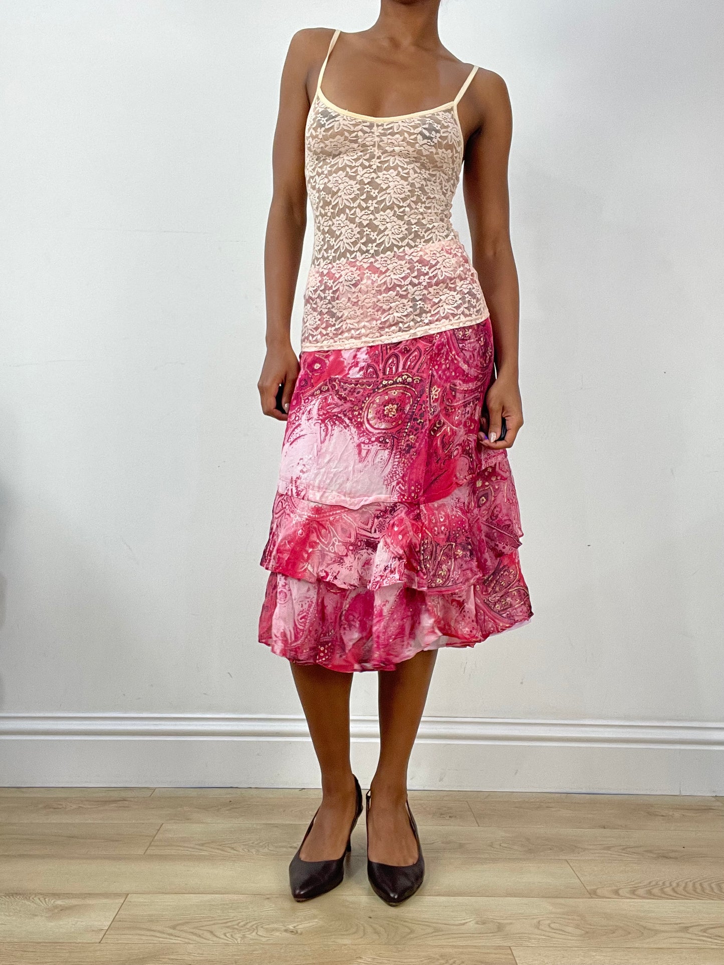vintage edit: halloween | small pink asymmetric midi skirt with ruffle hem