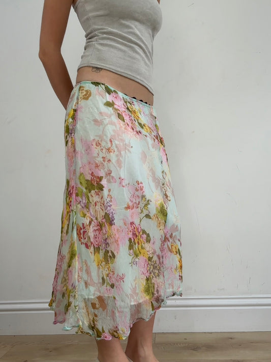 vintage edit twenty eight | medium white and pink midi skirt with floral mesh overlay