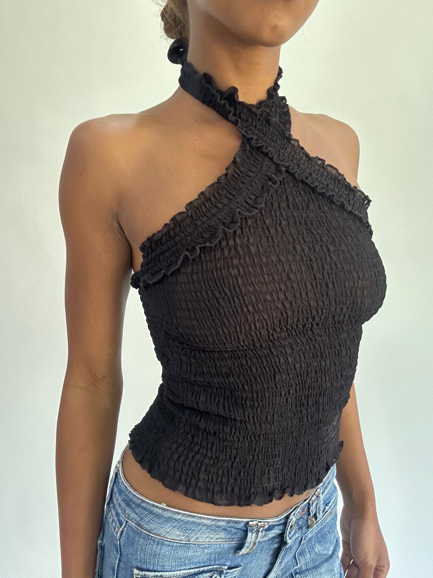 french summer drop | extra small black mesh halterneck top