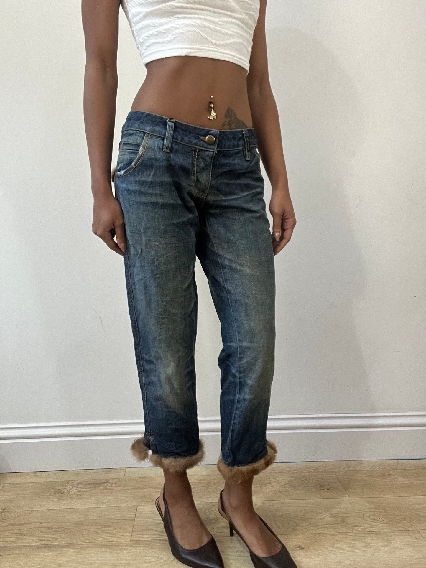 2016 edit | medium blue denim cropped jeans with faux fur detail